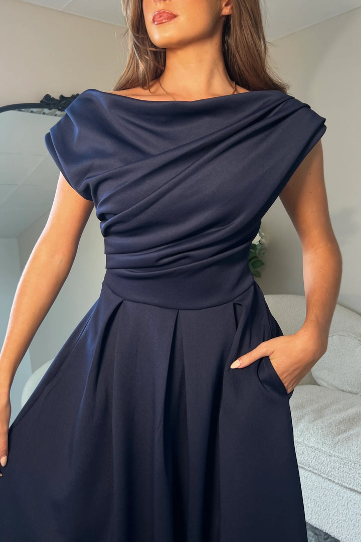 Betty Navy Asymmetric Neckline Skater Maxi Dress With Pockets