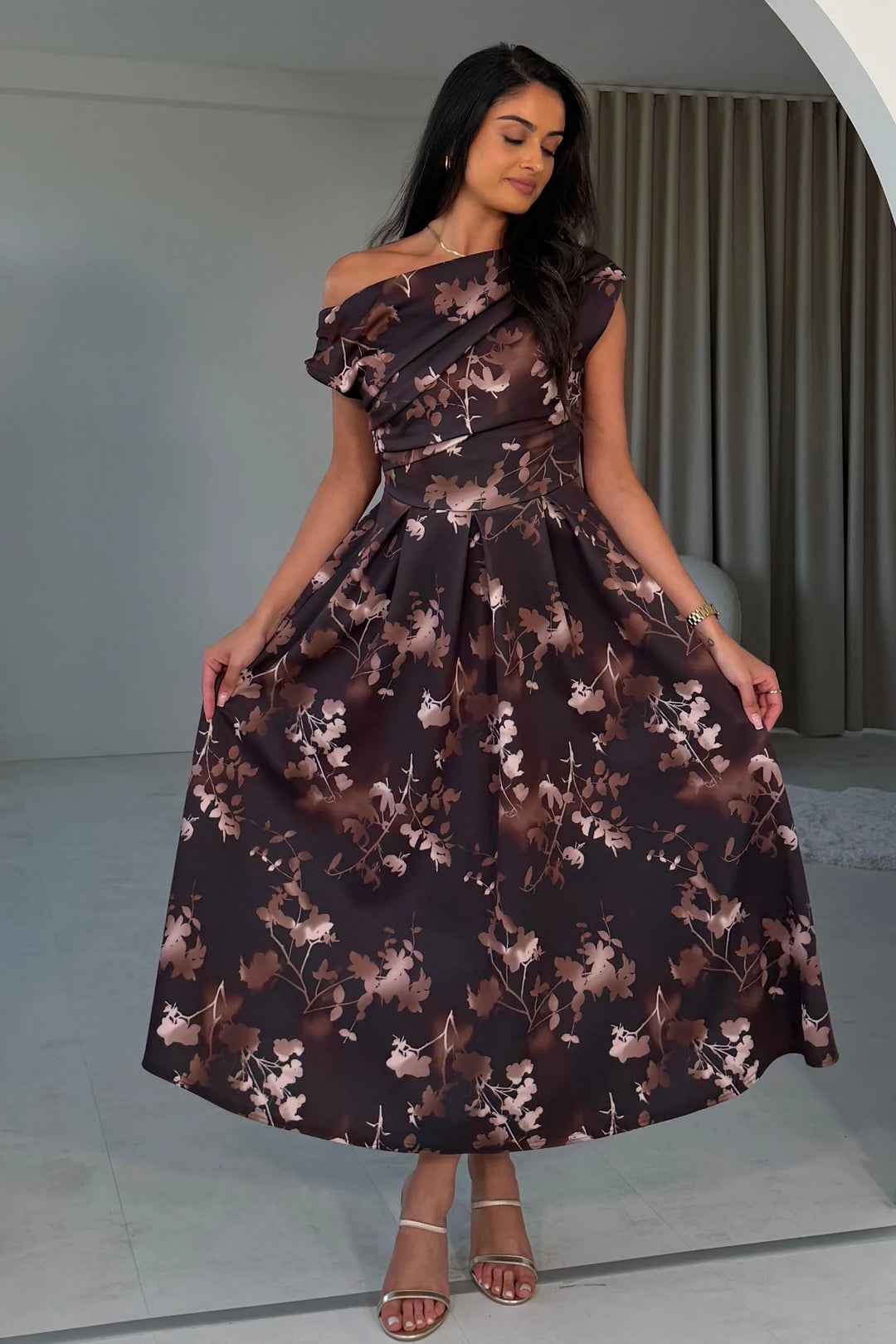 Betty Brown Floral Asymmetric Neckline Skater Maxi Dress With Pockets