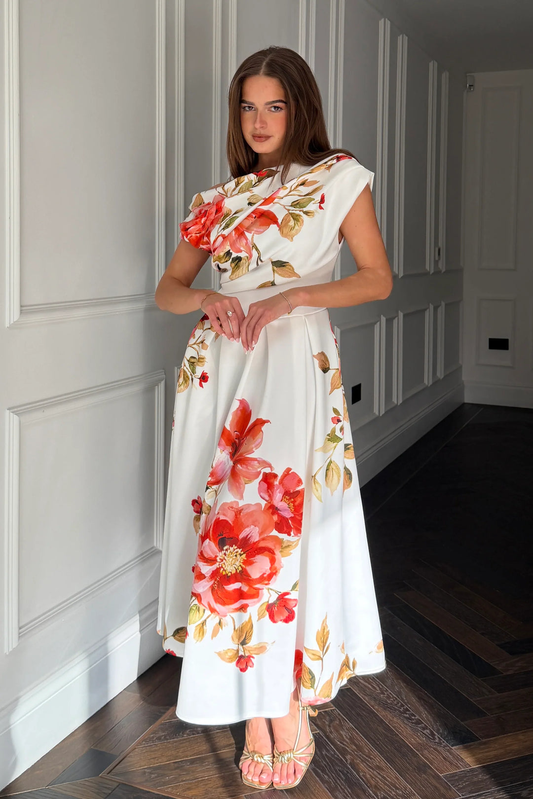 Betty Ivory and Orange Floral Asymmetric Neckline Skater Midi Dress With Pockets