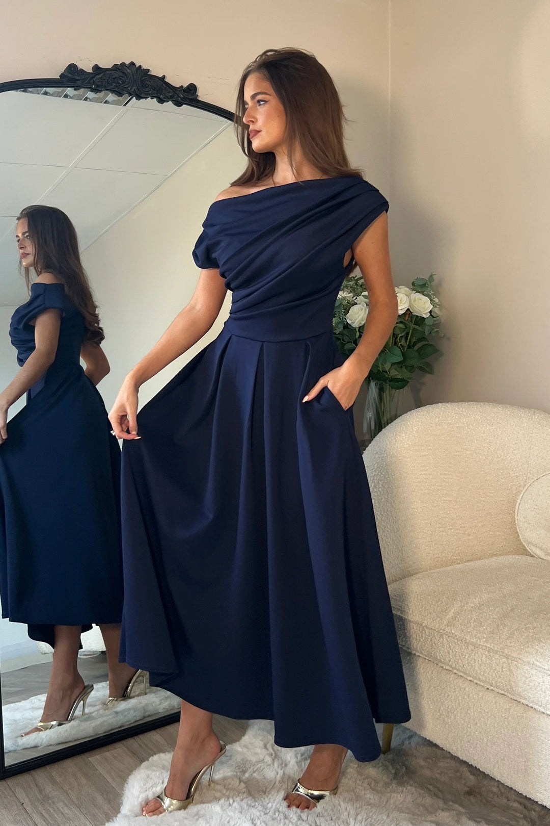 Betty Navy Asymmetric Neckline Skater Maxi Dress With Pockets