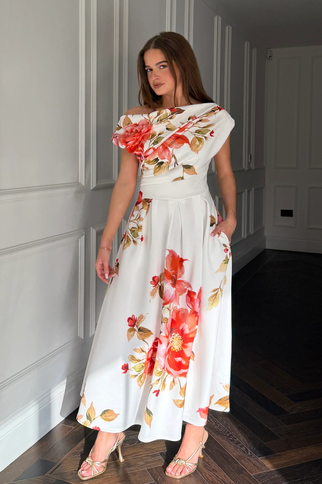 Betty Ivory and Orange Floral Asymmetric Neckline Skater Midi Dress With Pockets