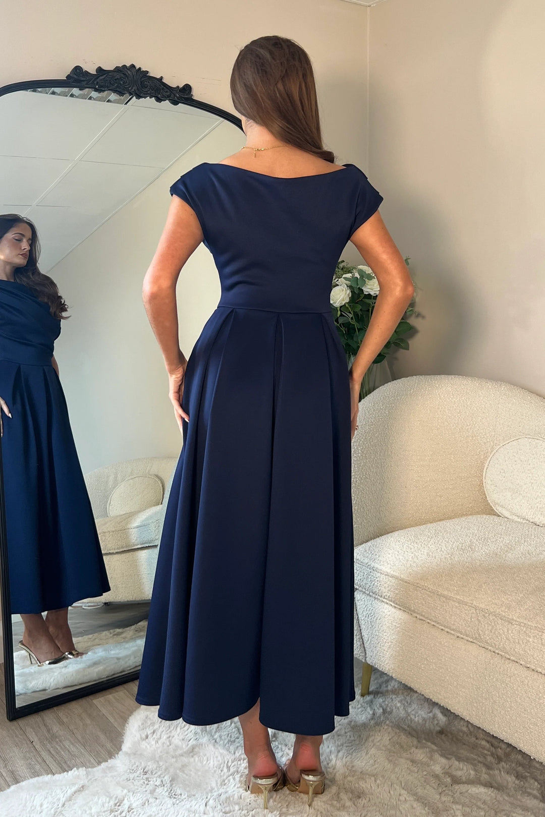 Betty Navy Asymmetric Neckline Skater Maxi Dress With Pockets