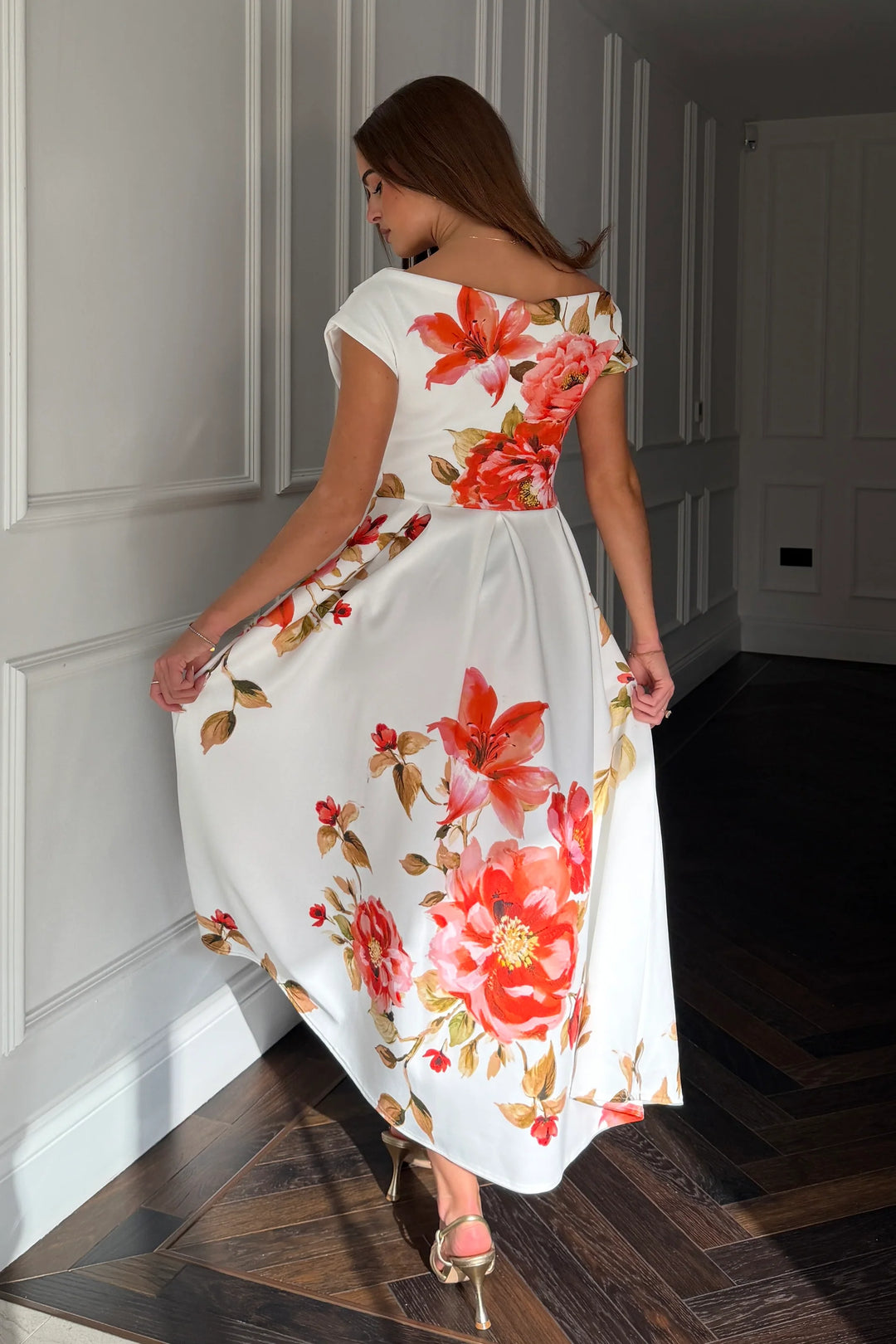 Betty Ivory and Orange Floral Asymmetric Neckline Skater Midi Dress With Pockets