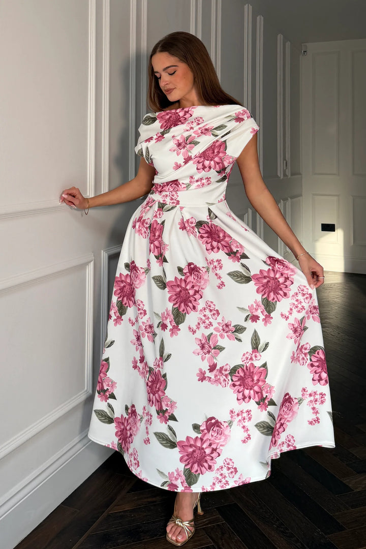 Betty White and Plum Floral Asymmetric Neckline Skater Midi Dress With Pockets