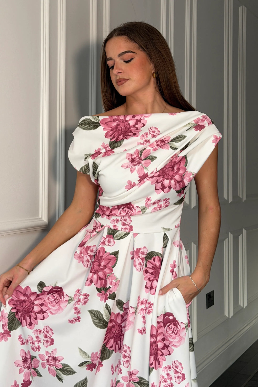 Betty White and Plum Floral Asymmetric Neckline Skater Midi Dress With Pockets