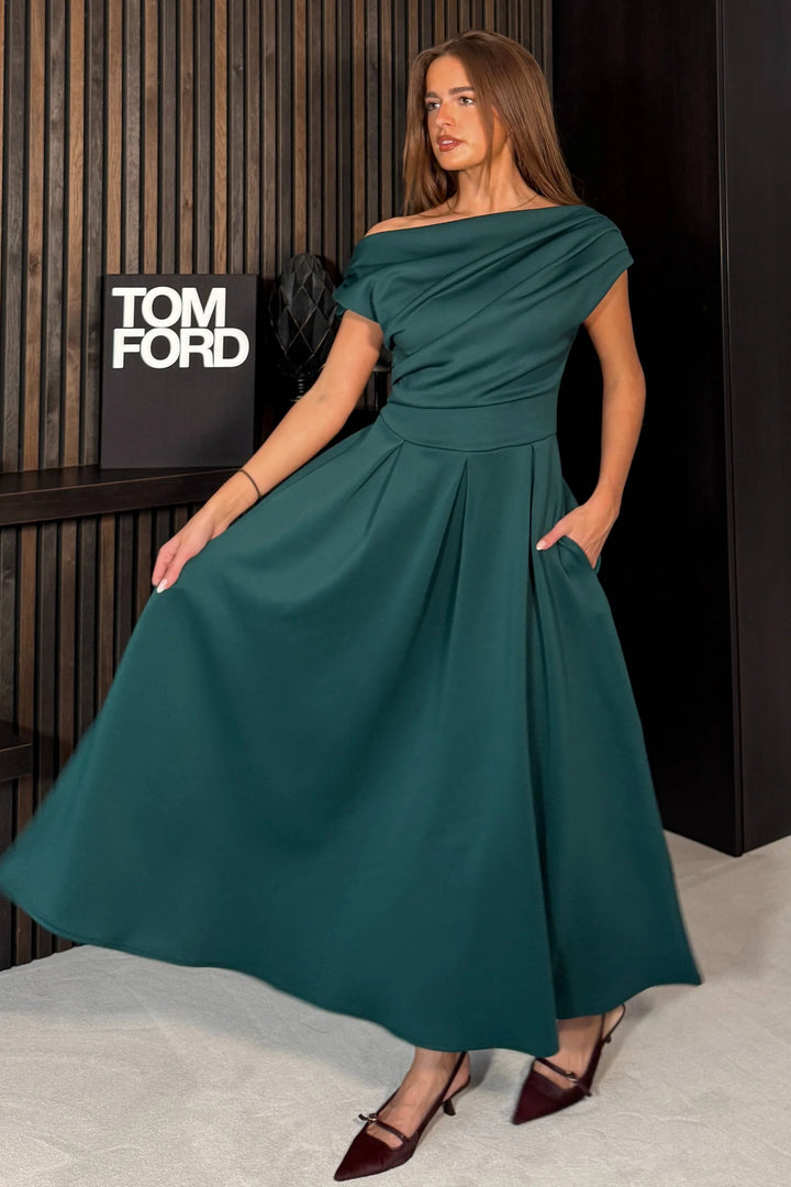 Betty Green Asymmetric Neckline Skater Maxi Dress With Pockets