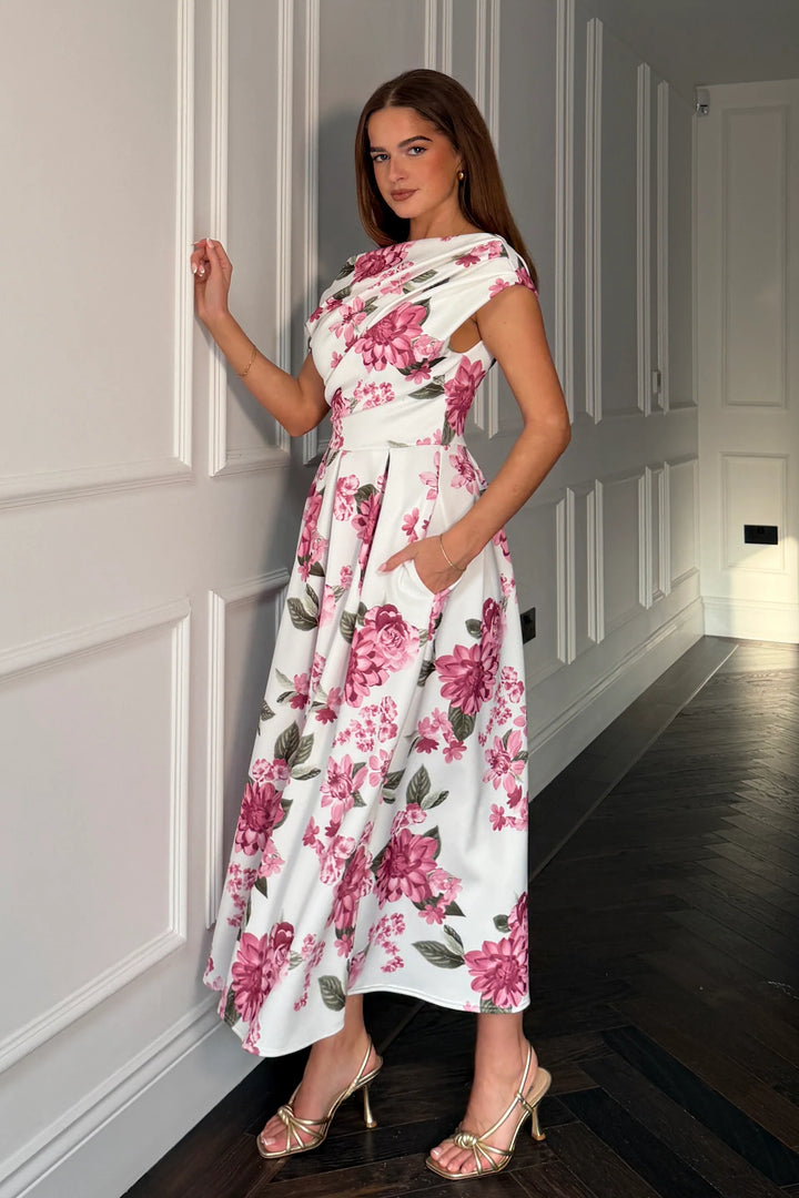 Betty White and Plum Floral Asymmetric Neckline Skater Midi Dress With Pockets