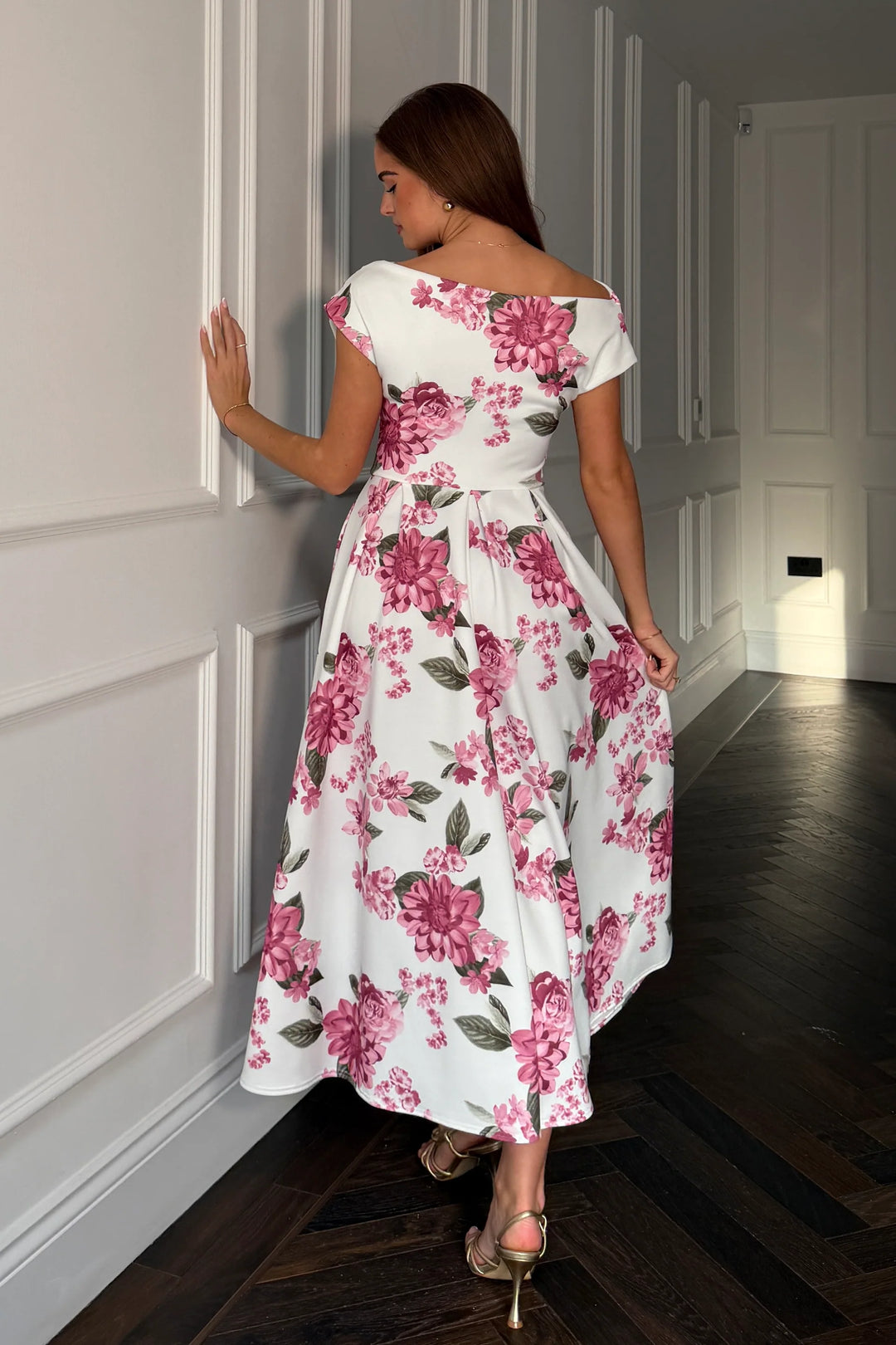 Betty White and Plum Floral Asymmetric Neckline Skater Midi Dress With Pockets