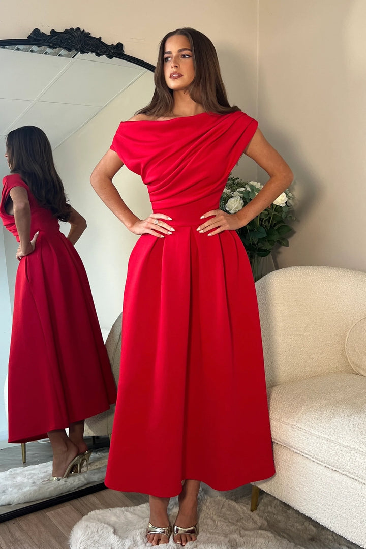 Betty Red Asymmetric Neckline Skater Maxi Dress With Pockets (PRE-ORDER TO SHIP 9TH OCT)