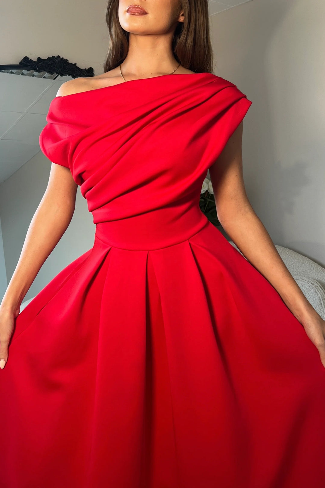 Betty Red Asymmetric Neckline Skater Maxi Dress With Pockets (PRE-ORDER TO SHIP 9TH OCT)