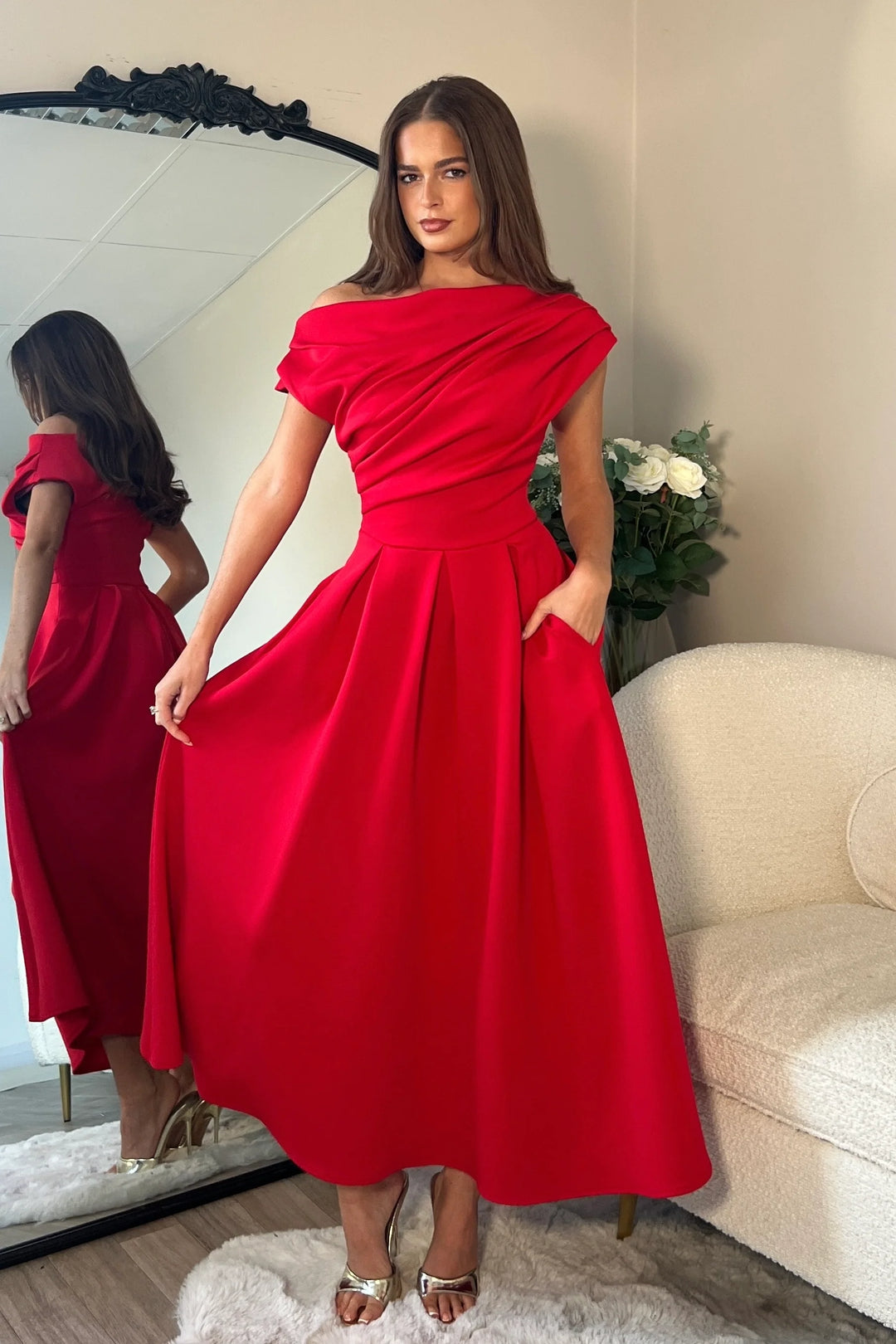 Betty Red Asymmetric Neckline Skater Maxi Dress With Pockets (PRE-ORDER TO SHIP 9TH OCT)