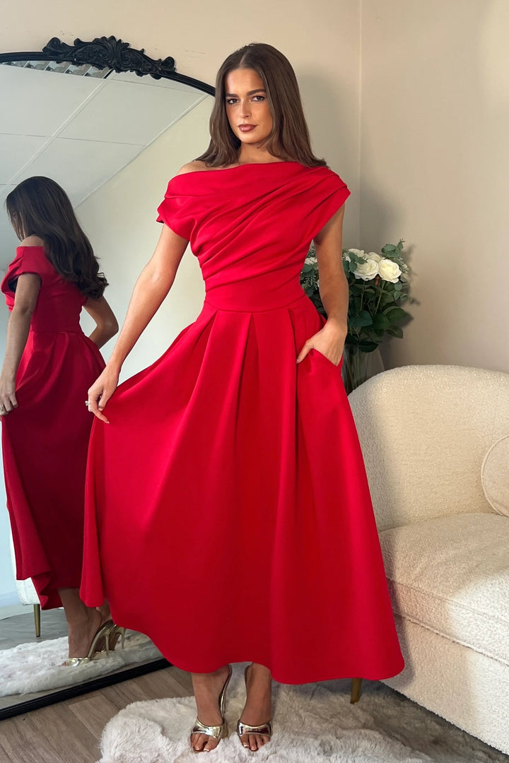 Betty Red Asymmetric Neckline Skater Maxi Dress With Pockets (PRE-ORDER TO SHIP 9TH OCT)