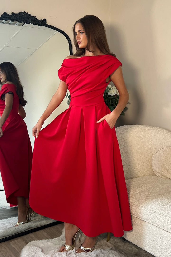 Betty Red Asymmetric Neckline Skater Maxi Dress With Pockets (PRE-ORDER TO SHIP 9TH OCT)