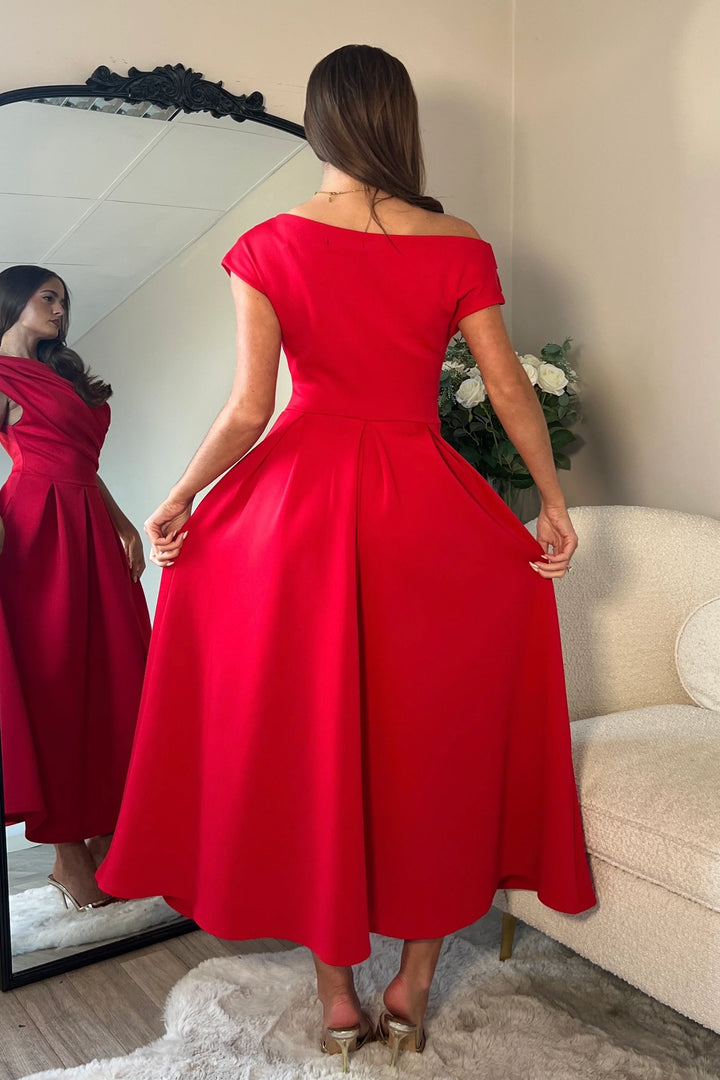 Betty Red Asymmetric Neckline Skater Maxi Dress With Pockets (PRE-ORDER TO SHIP 9TH OCT)