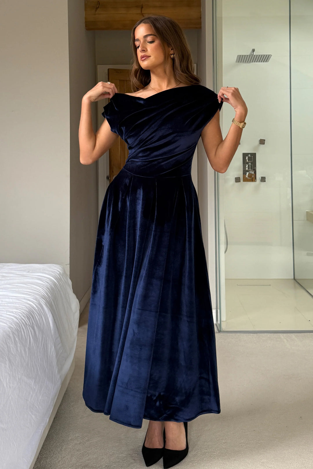 Betty Navy Velvet Asymmetric Neckline Skater Midi Dress With Pockets