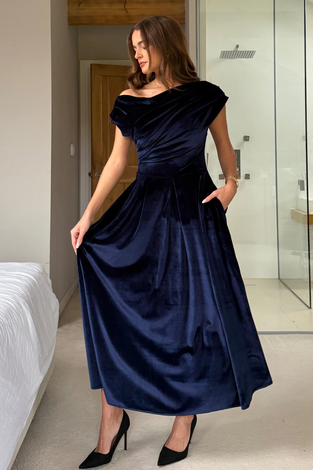 Betty Navy Velvet Asymmetric Neckline Skater Midi Dress With Pockets