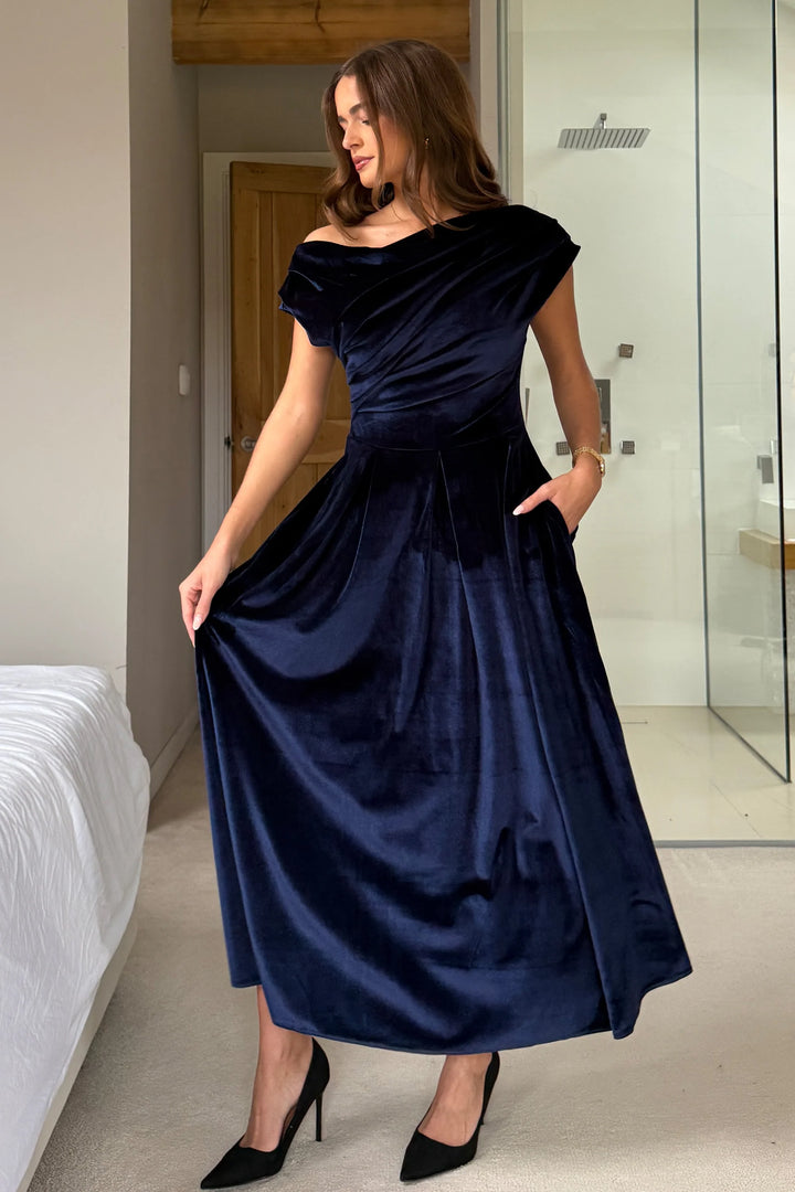 Betty Navy Velvet Asymmetric Neckline Skater Midi Dress With Pockets
