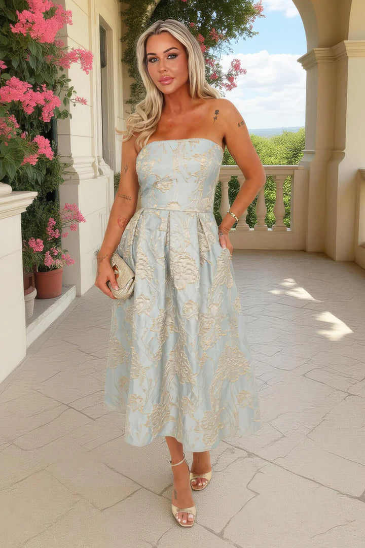 Maeve Duck Egg Floral Jacquard Bandeau A-Line Midi Dress