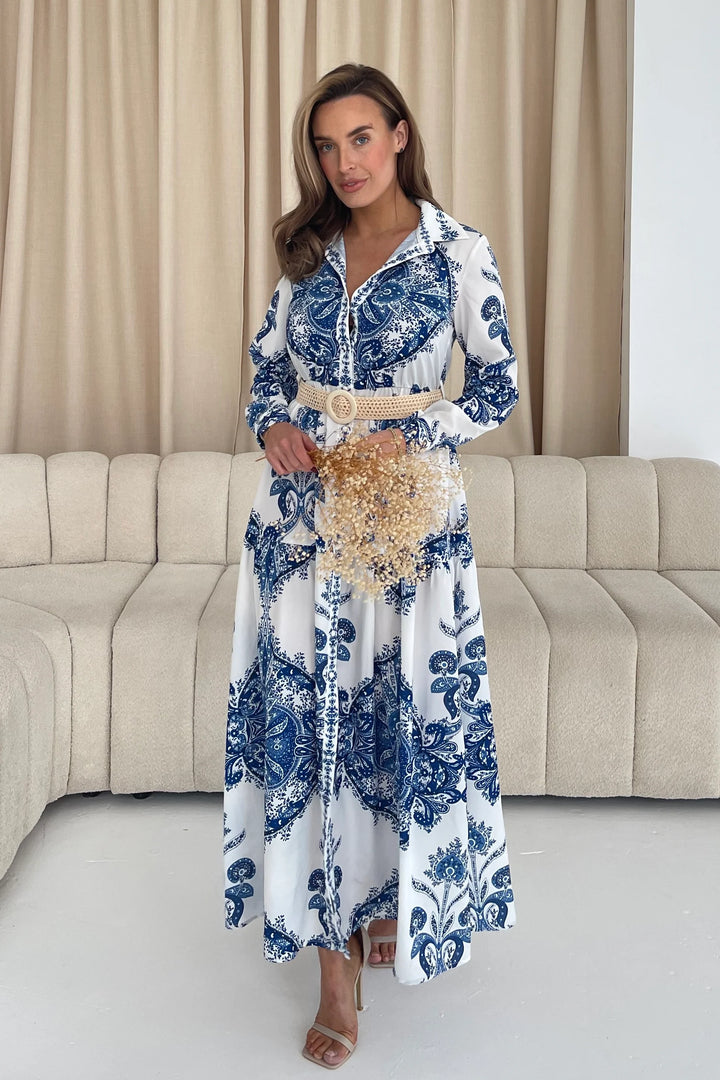 Bowie Blue & White Paisley Belted Tiered Long Sleeve Maxi Shirt Dress