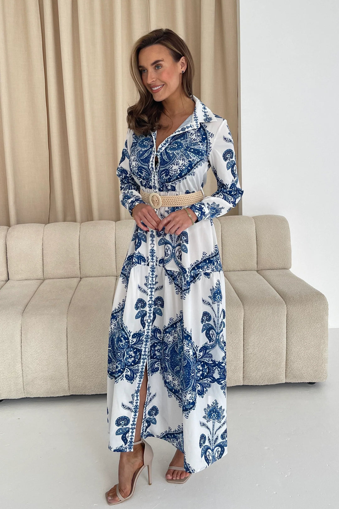 Bowie Blue & White Paisley Belted Tiered Long Sleeve Maxi Shirt Dress