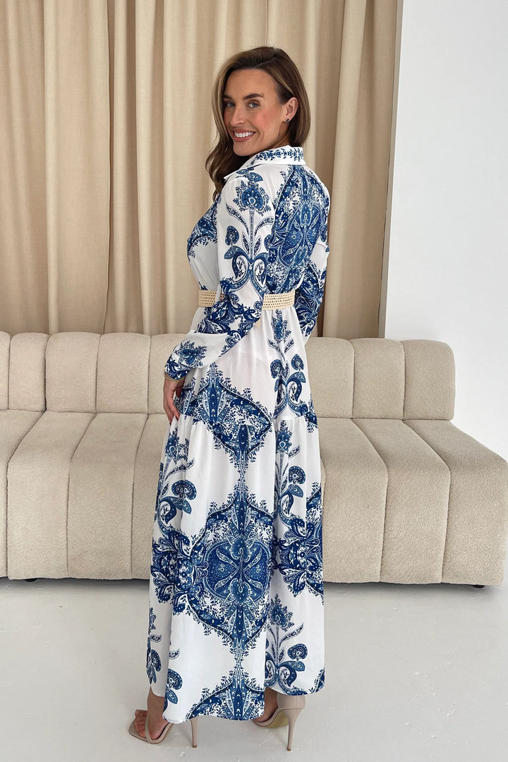 Bowie Blue & White Paisley Belted Tiered Long Sleeve Maxi Shirt Dress