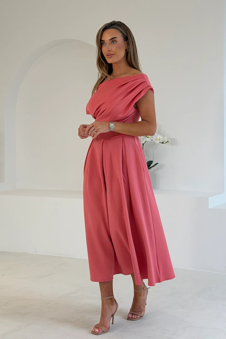 Betty Rose Asymmetric Neckline Skater Midi Dress With Pockets