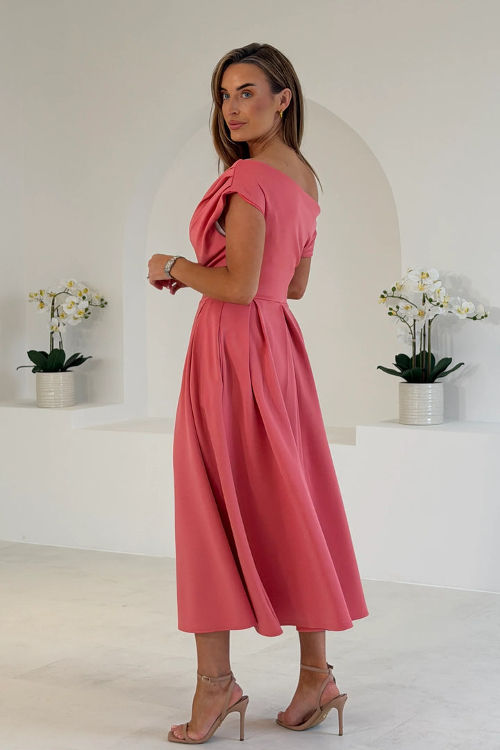 Betty Rose Asymmetric Neckline Skater Midi Dress With Pockets