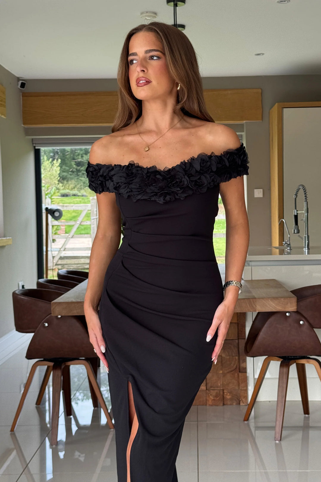 Brenda 3D Floral Bardot Body Con Midi Dress