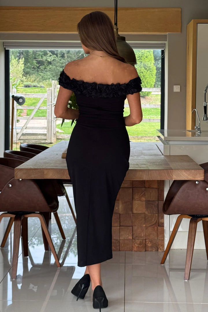 Brenda 3D Floral Bardot Body Con Midi Dress