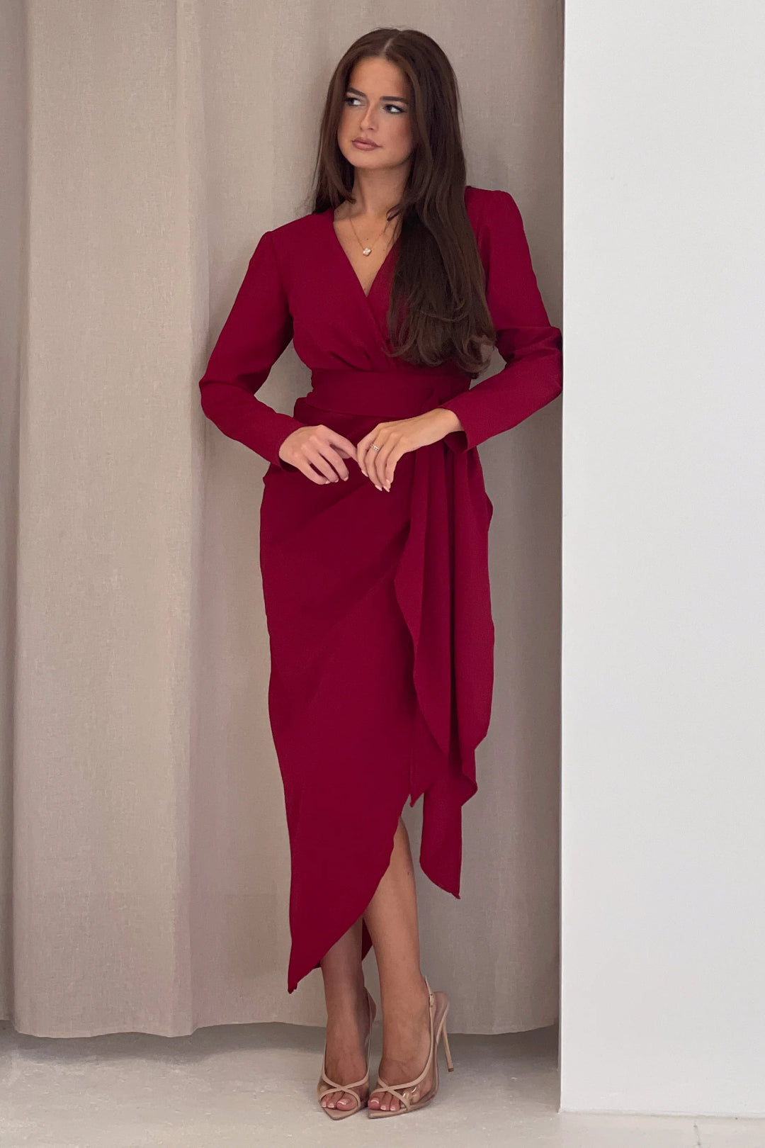 Bria Berry Red Wrap Long Sleeve Maxi Dress