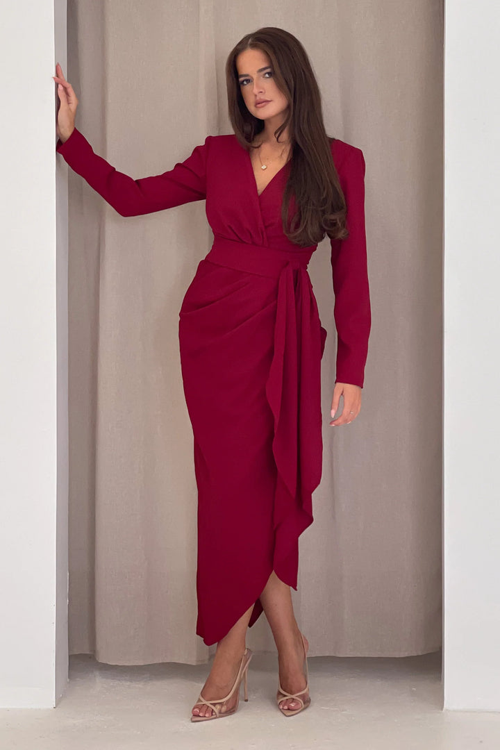 Bria Berry Red Wrap Long Sleeve Maxi Dress