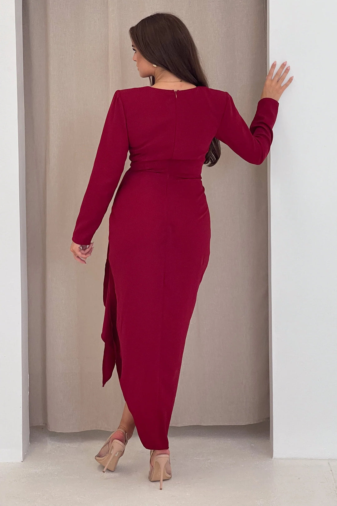 Bria Berry Red Wrap Long Sleeve Maxi Dress