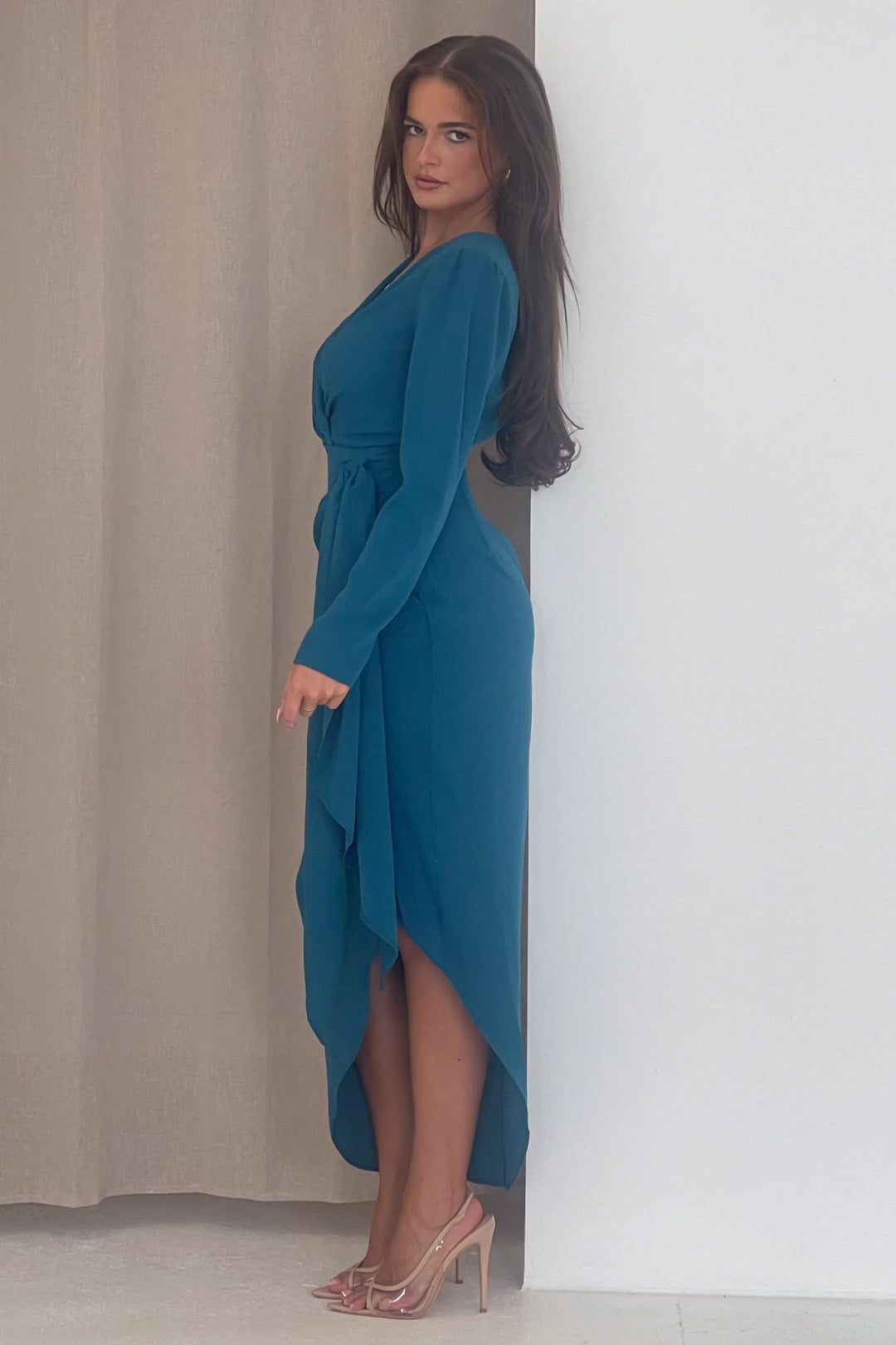 Bria Teal Wrap Long Sleeve Maxi Dress