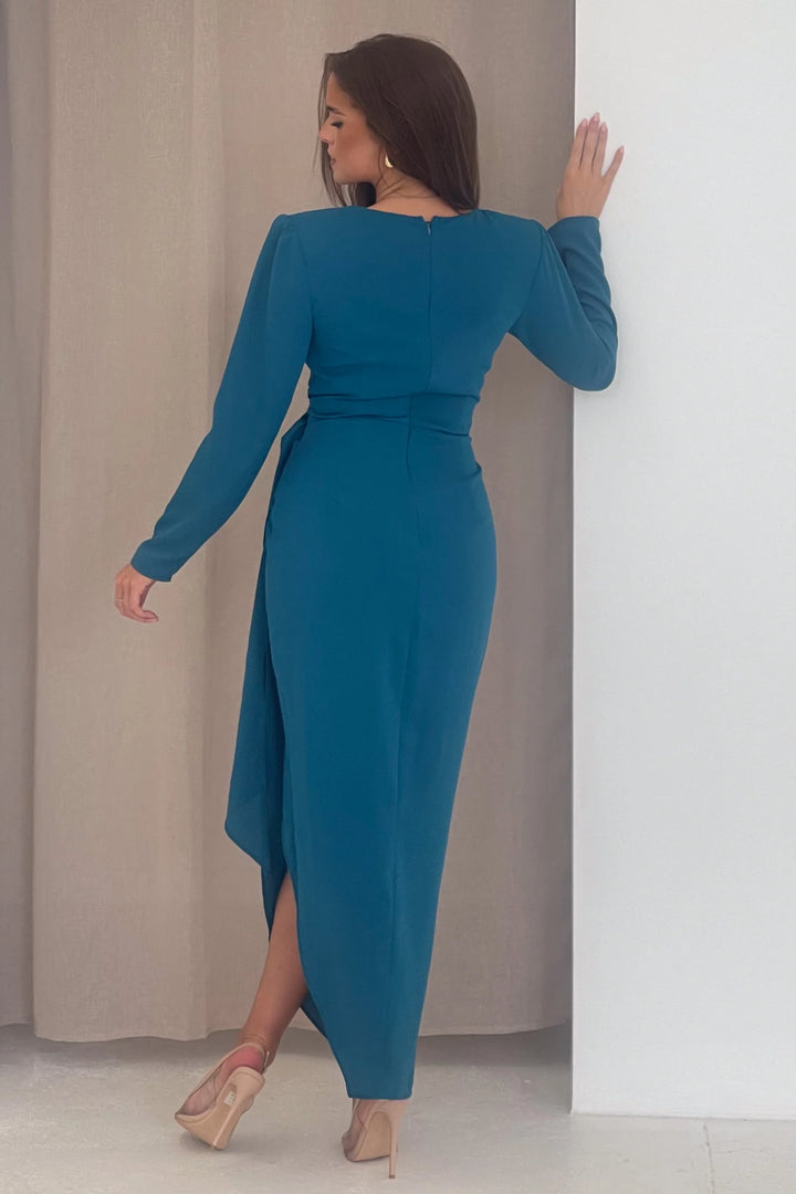 Bria Teal Wrap Long Sleeve Maxi Dress