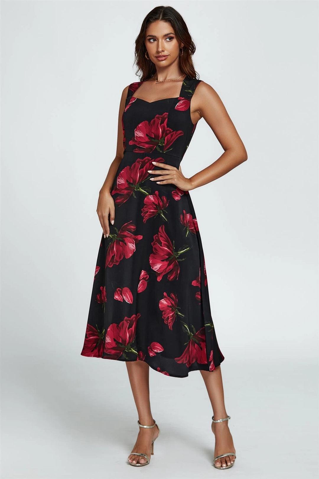 Edie Black & Red Floral Sweetheart Neck Sleeveless Midi Dress