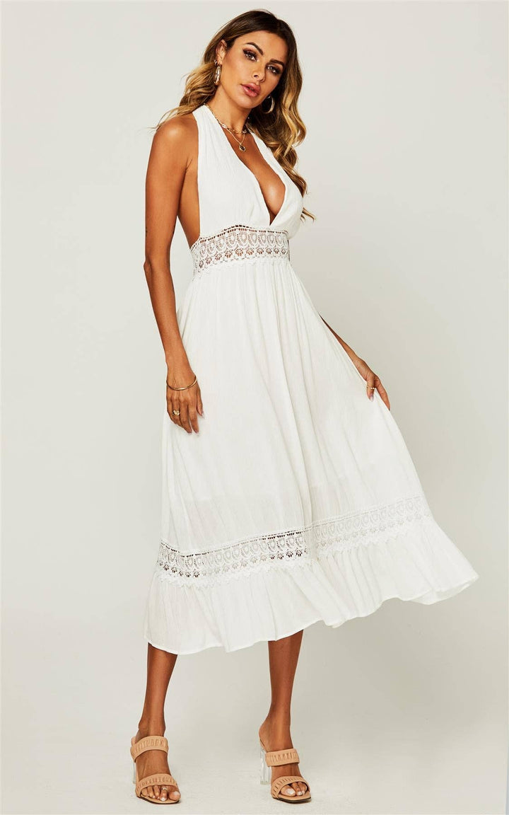 Candice White Halter Neck Backless Lace Maxi Dress