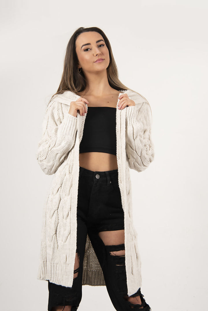 Cara Beige Chunky Cable Knit Long Hooded Cardigan