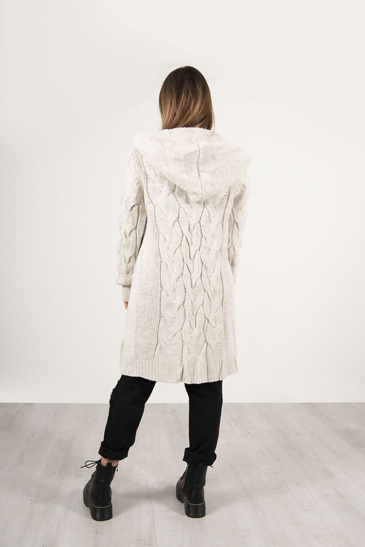 Cara Beige Chunky Cable Knit Long Hooded Cardigan