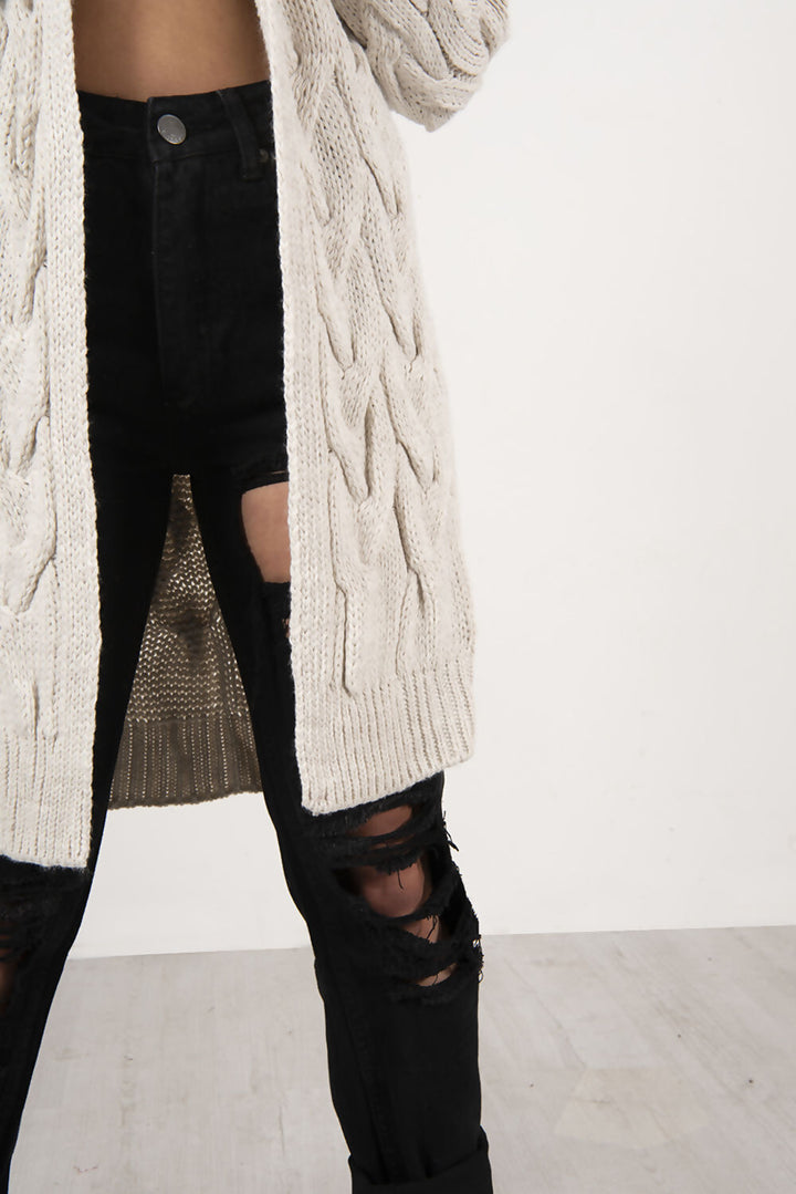 Cara Beige Chunky Cable Knit Long Hooded Cardigan