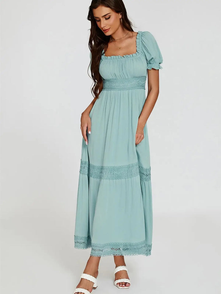Ophelia Duckegg Blue Boho Lace Short Sleeve Maxi Dress