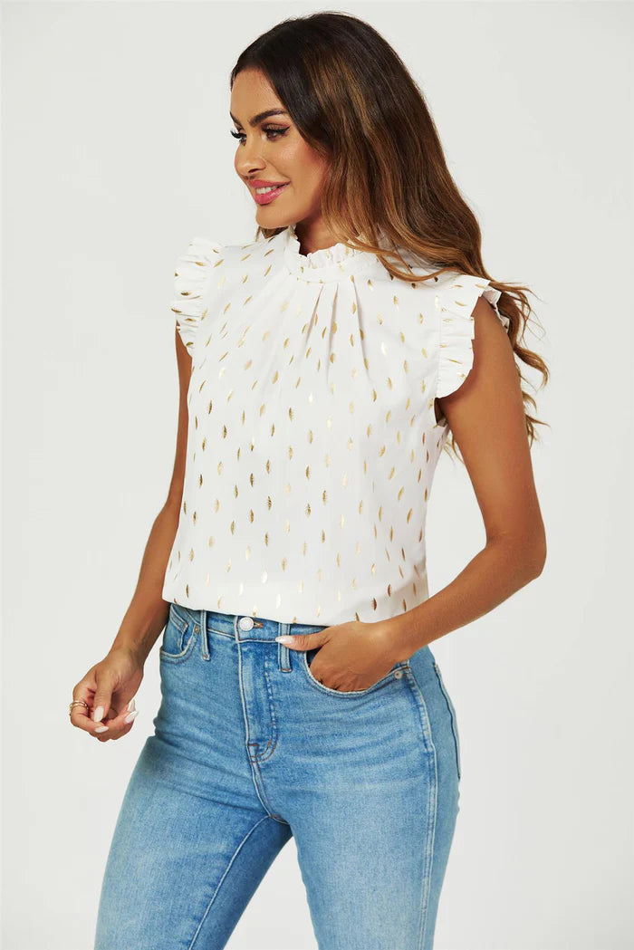 Clara Cream with Gold Foil Frill Trim Sleeve High Neck Blouse Top