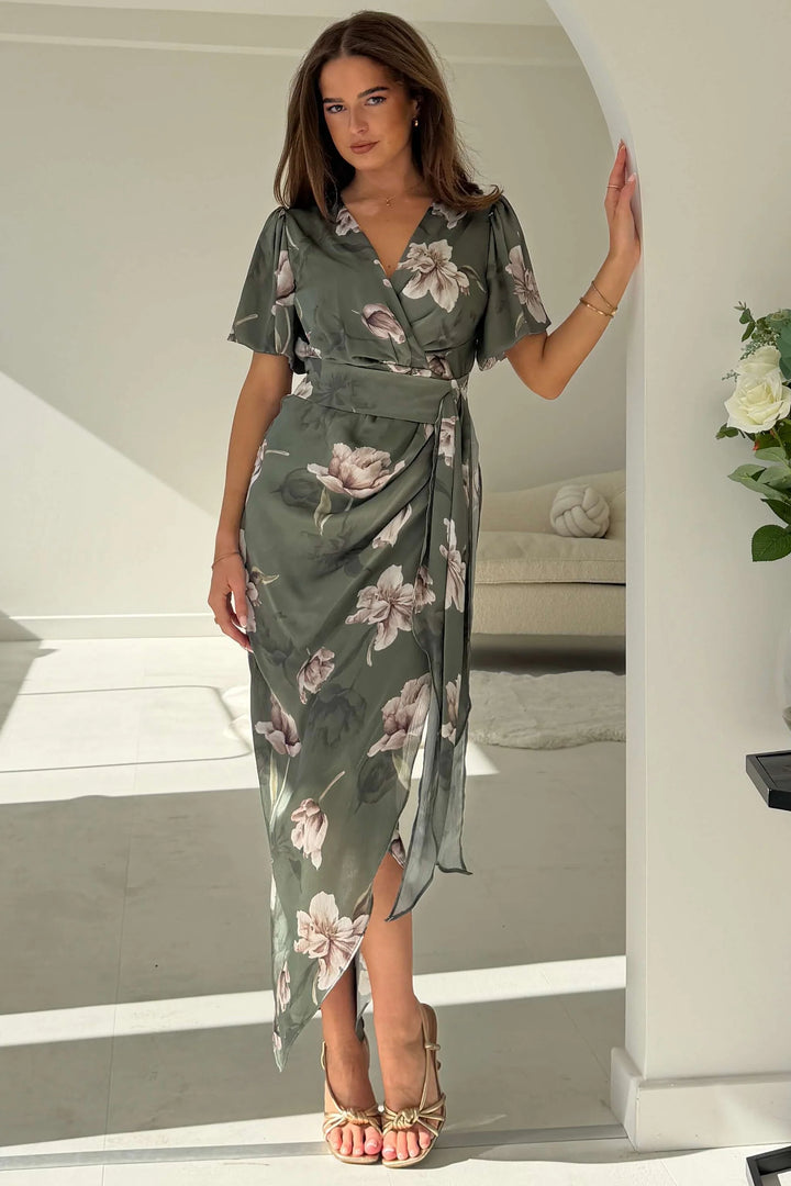 Drew Green Floral Wrap Short Puff Sleeve Midi Dress