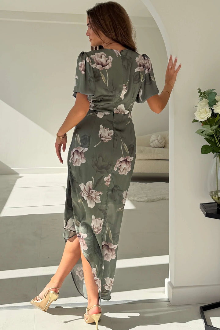 Drew Green Floral Wrap Short Puff Sleeve Midi Dress