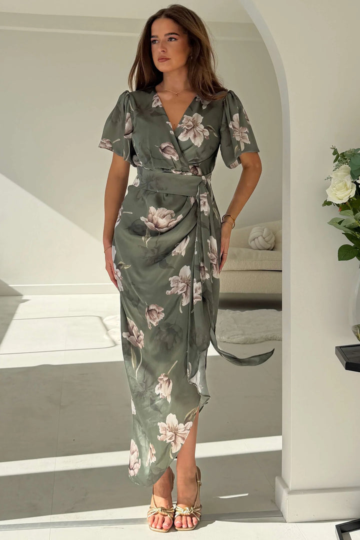 Drew Green Floral Wrap Short Puff Sleeve Midi Dress