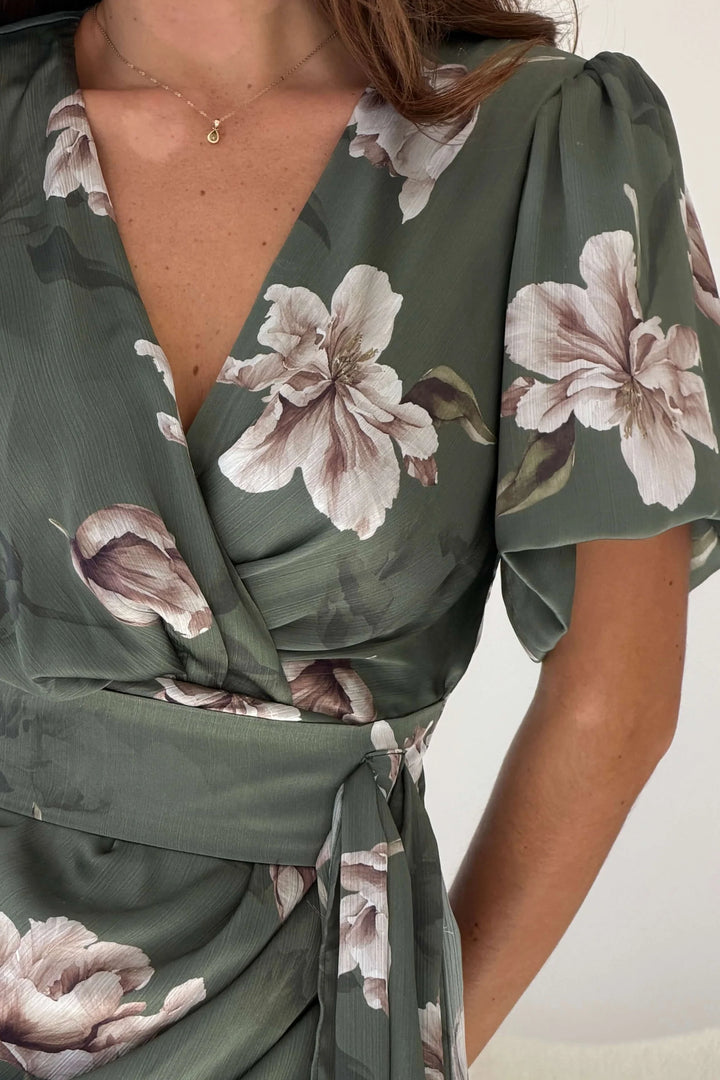 Drew Green Floral Wrap Short Puff Sleeve Midi Dress