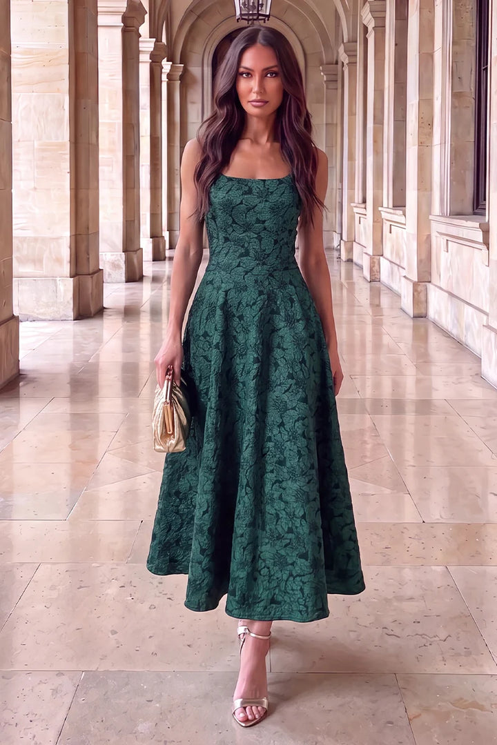 Darcy Green Jacquard Floral Square Neck Sleeveless Midi Dress With Pockets