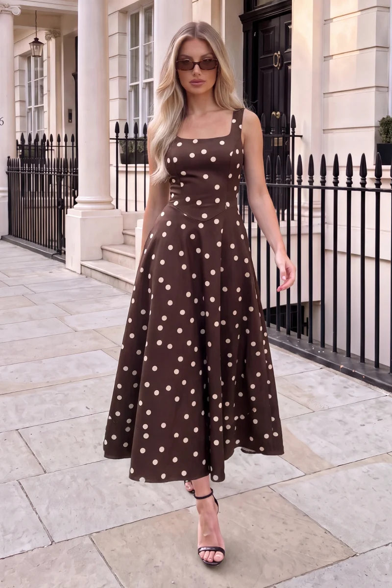 Darcy Brown Polka Dot Square Neck Sleeveless Midi Dress With Pockets