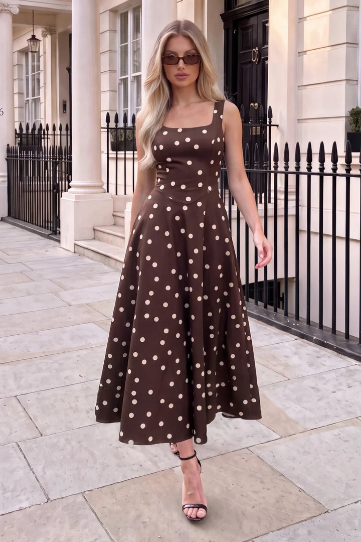 Darcy Brown Polka Dot Square Neck Sleeveless Midi Dress With Pockets