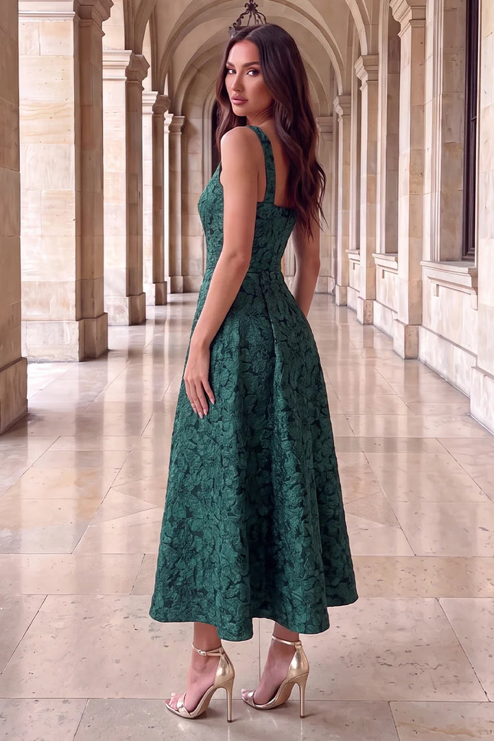 Darcy Green Jacquard Floral Square Neck Sleeveless Midi Dress With Pockets