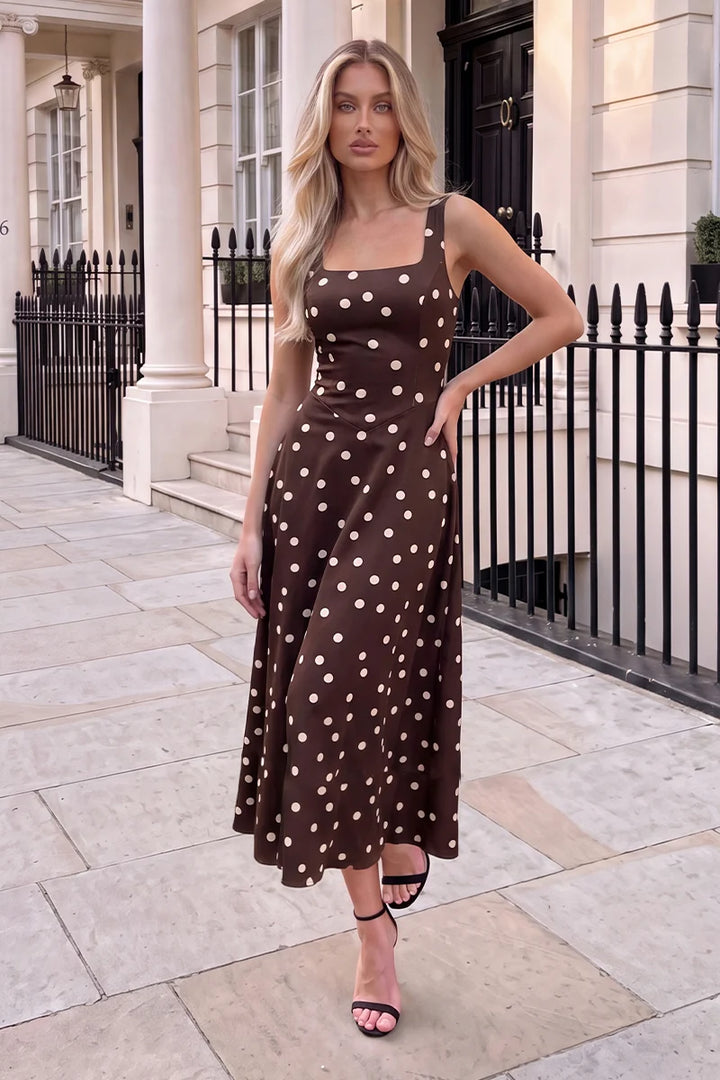 Darcy Brown Polka Dot Square Neck Sleeveless Midi Dress With Pockets
